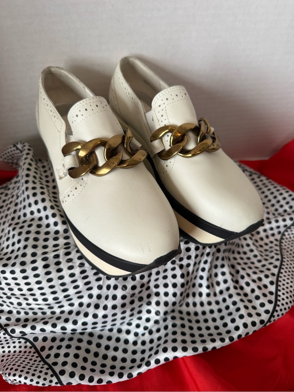 Dolce Vita Cream Leather Slip-On Loafers with Gold Chain